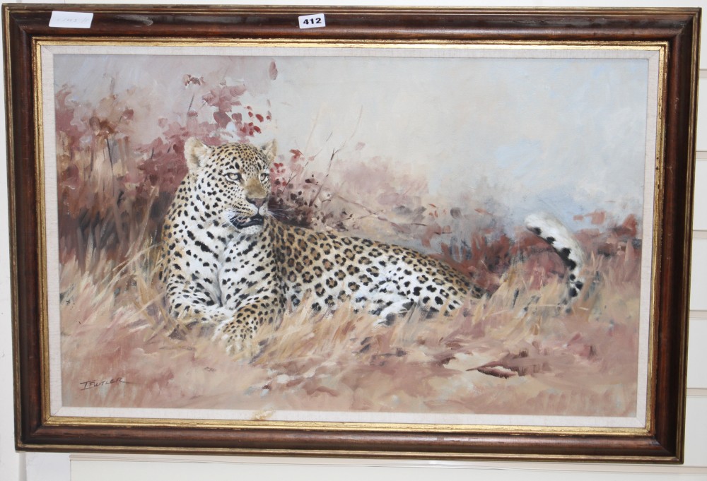 Tony Butler (South African, 1959-), oil on canvas, Noonday Rest, Leopard in grass, signed, 44.5 x 72.5cm